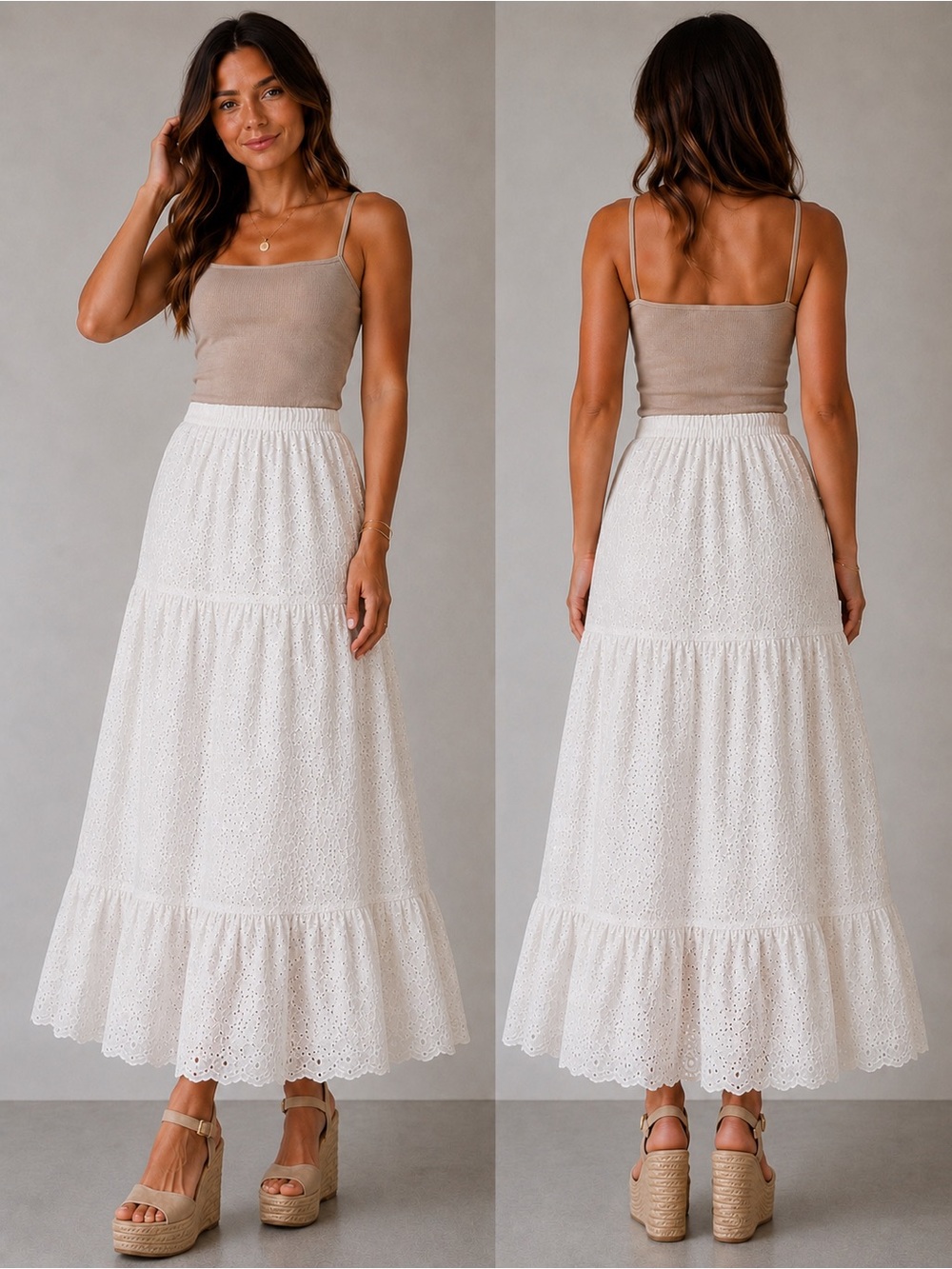 Zara White  Embroidered Eyelet Tiered Maxi Skirt | Boho Cottagecore Cotton